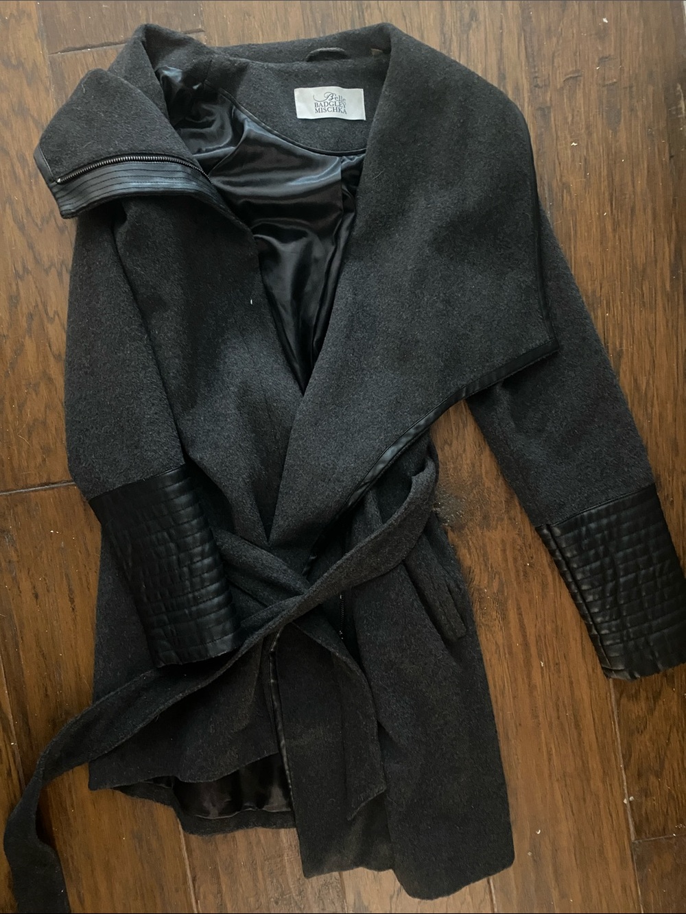 Badgley Mischka Charcoal Wrap Trench Coat with Quilted Leather Cuffs